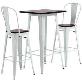 3 Piece Industrial Dining Table Set, Bar Height Bar Table and Chairs Set with Footrests for Bistro, Pub, White and Brown
