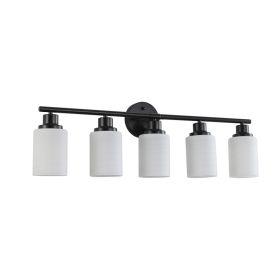 31  Modern 5-Light Vanity Bathroom Mirror Light, Frosted White Glass With Black Iron Frame, Contemporary Wall Sconce For Bedroom, Bathroom, And Dressi