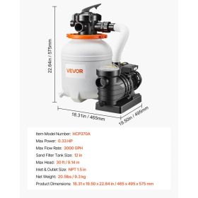 12 In Sand Filter Pump For Above Ground Pool, 0.33 HP 3000 GPH, Swimming Pool Sand Filter Pump With Pre-Assembled Core & Leak-Resistant Design, 6-Way