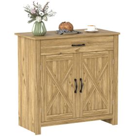 Farmhouse Sideboard Buffet Cabinet, Barn Door Coffee Bar Cabinet with Drawer and Adjustable Shelf for Kitchen, Living Room, Entryway, Natural Wood Ef