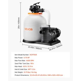 16 In Sand Filter Pump For Above Ground Pool, 0.75 HP 4400 GPH, Swimming Pool Sand Filter Pump With Pre-Assembled Core & Leak-Resistant Design, 6-Way
