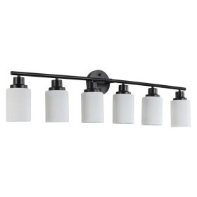 39 Modern 6-Light Vanity Bathroom Mirror Light, Frosted White Glass With Black Iron Frame, Contemporary Wall Sconce For Bedroom, Bathroom, And Dressin