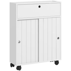 Toilet Paper Cabinet, Slim Bathroom Cabinet with 4 Rolling Wheels, Small Bathroom Storage Cabinet with Paper Holes, Sliding Doors and Adjustable Shel