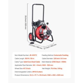 Drain Cleaner Machine 100 FT X 3/8 Inch, Auto Feed Sewer Snake Auger On Wheels, Portable Drain Cleaning Machine With 4 Cutters & Air-activated Foot Sw