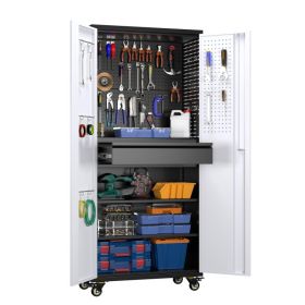 71 Inch High Metal Storage Cabinet On Wheels With 5 Pegboards And 1 Drawer, Lockable Steel Tool Cabinet For Garage, Warehouse, Assembly Required, Blac (Option: Black Grey)