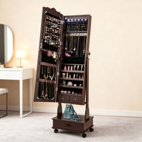 Rolling Floor Standing Mirrored Jewelry Armoire With Lock And Drawers (Option: Brown)