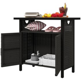 Outdoor Pool Towel Storage Cabinet Organizer, Outdoor Bar Table With Shelf And Cabinet, Pool Towel Holder Pool Valet With Weather-Resistant PE Rattan (Option: Black)